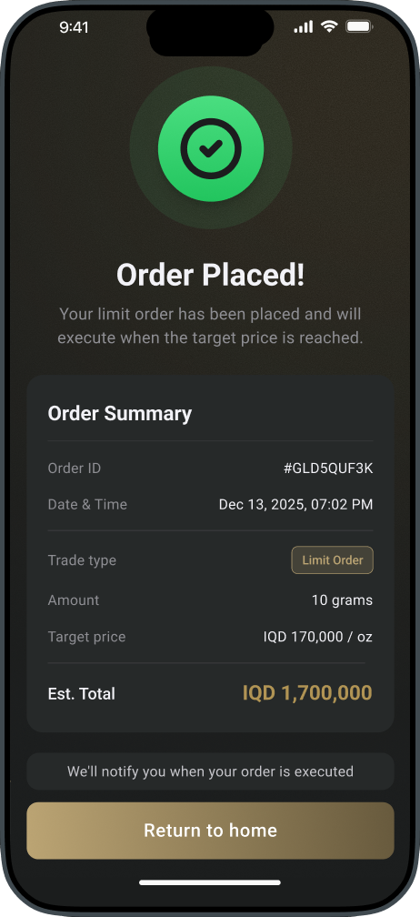 Trading module — order placed confirmation